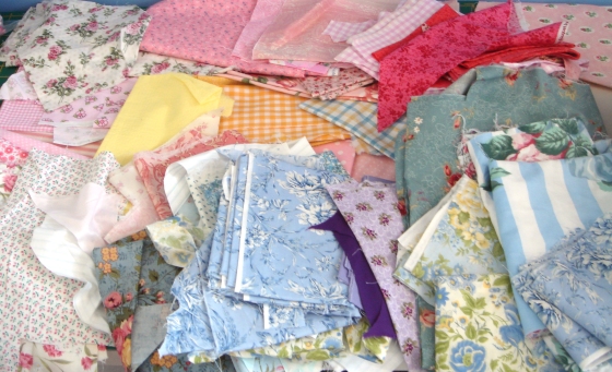 I pulled out all the pink, blue, yellow and purple fabrics from my stash.